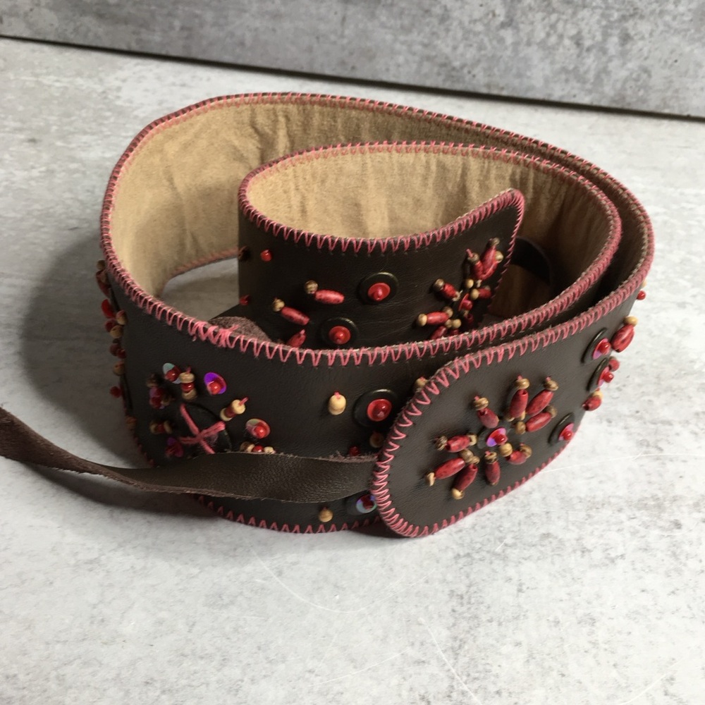 VTG Jjill Brown Leather Bohemian Tie Belt Beads Boho Festival Adjustable S/M